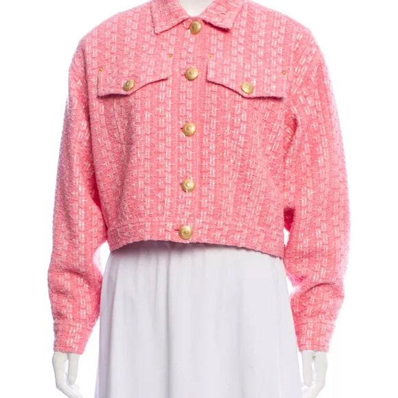 MOSCHINO COUTURE RAFFIA BOUCLE PINK TWEED JACKET SKIRT SET 2017 RUNWAY SZ 8 - Picture 9 of 16